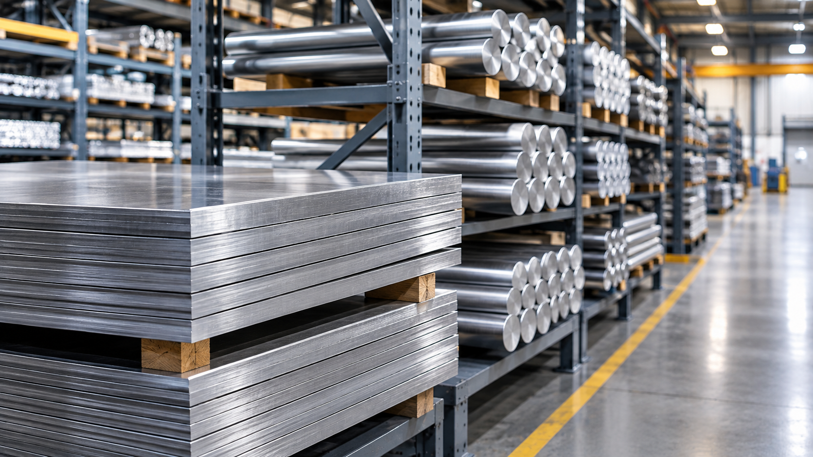A wide industrial photograph of stacked stainless steel plate and round bar stock